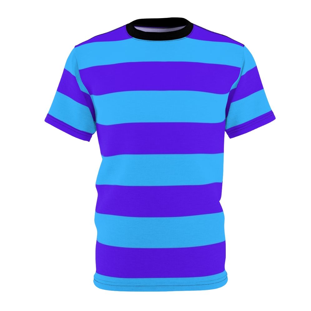 Photograph of a blue and purple striped t-shirt with a simple, linear design.