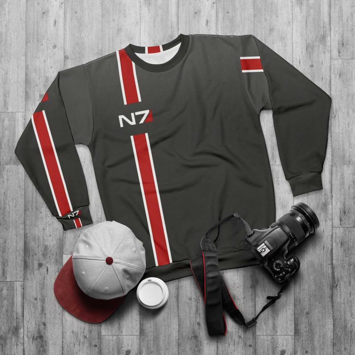 Mass Effect N7 Iconic Sweatshirt featuring Commander Shepard - flat lay