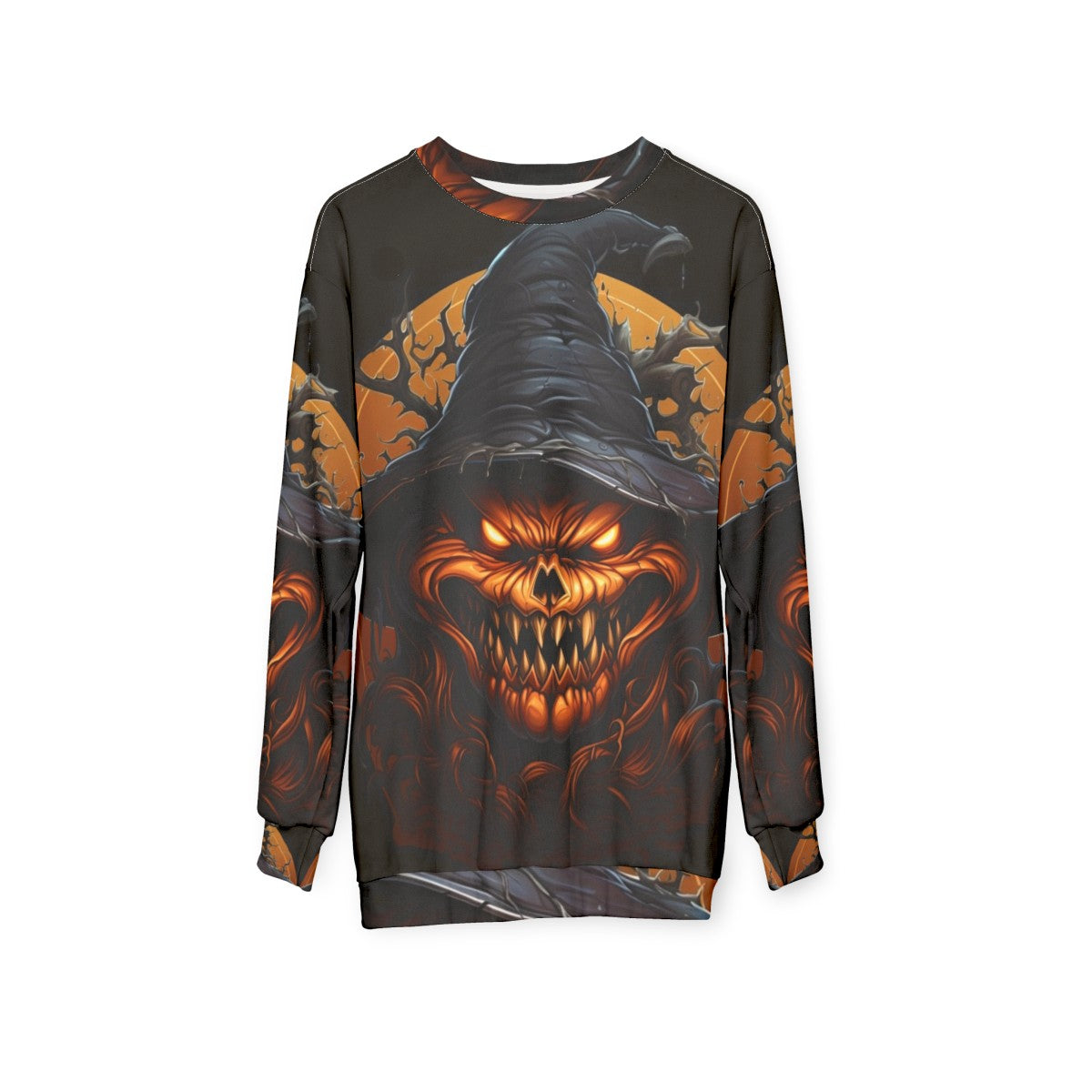 Sinister Halloween Pumpkin Sweatshirt with Demonic Pumpkin Design - hanging