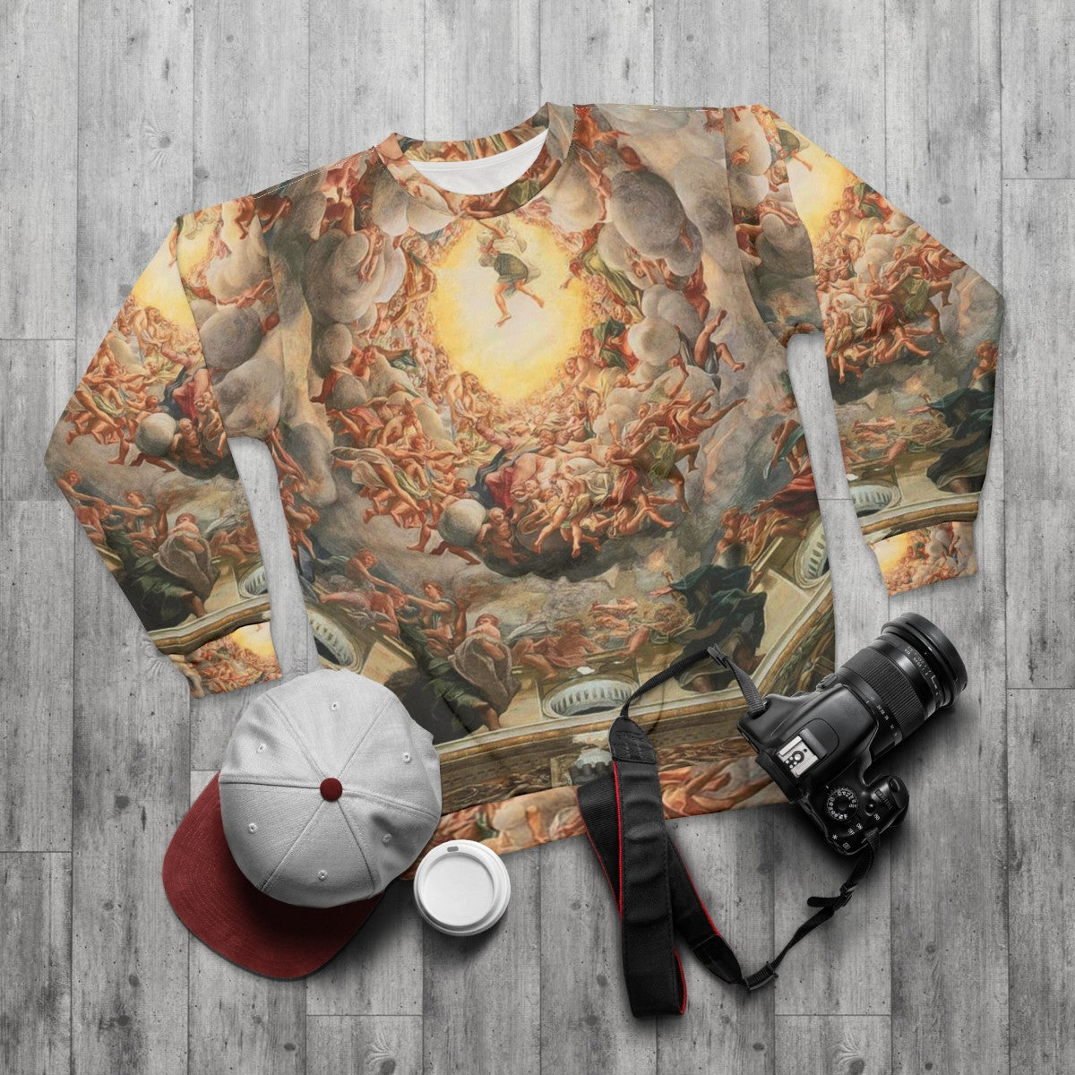 Sistine Chapel ceiling sweatshirt featuring Michelangelo's renaissance art - flat lay