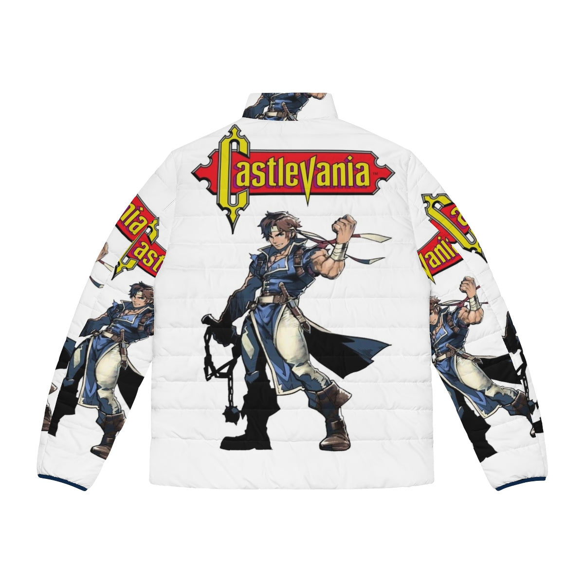 Castlevania inspired puffer jacket featuring characters like Alucard, Trevor Belmont, and Sypha Belnades - Back