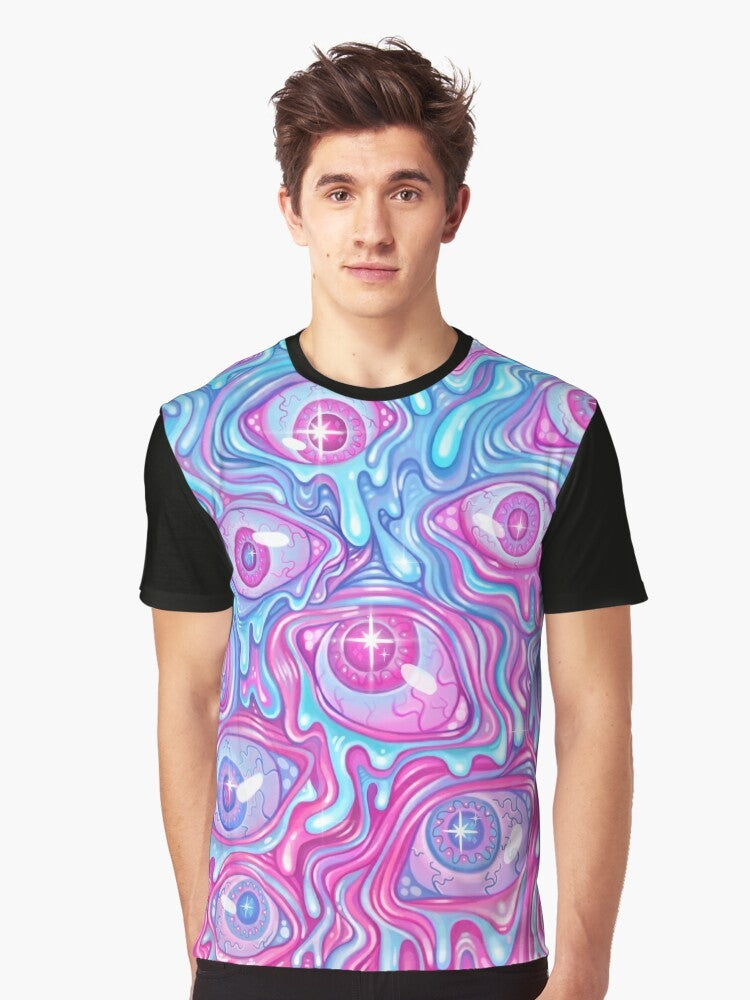 Colorful and trippy eyeball pattern graphic t-shirt with a creepy and horror-themed design - Men