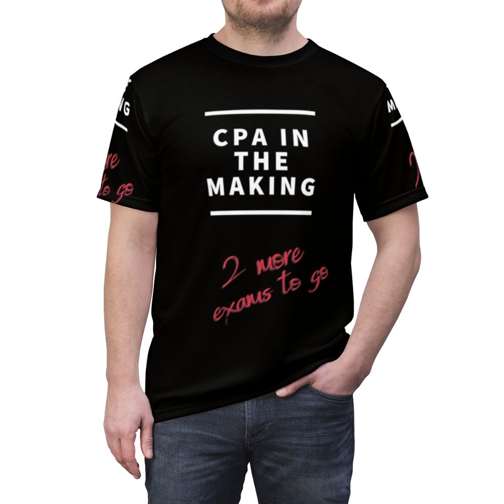 Aspiring CPA women's t-shirt with "Cpa In The Making 2 More To Go" text and accounting/bookkeeper design - men front