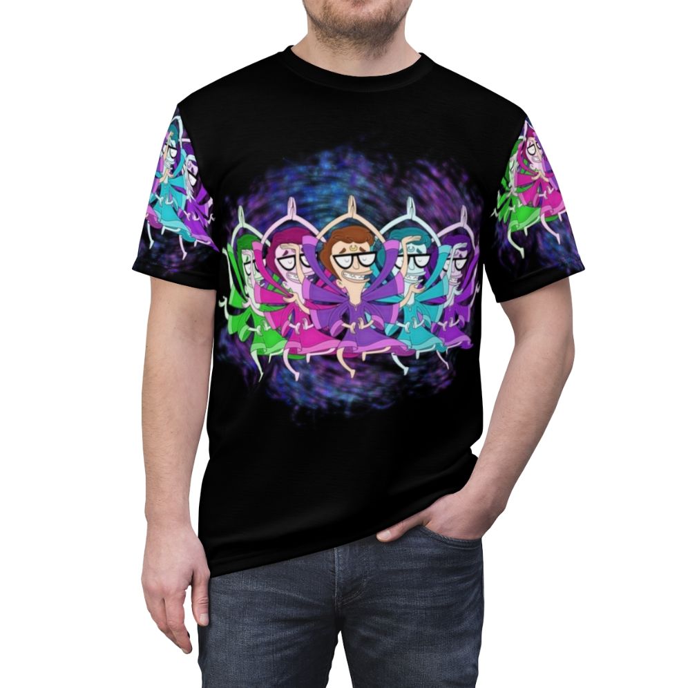 Customized t-shirt featuring a Big Mouth character design with the name "Andrew Globerman" - men front