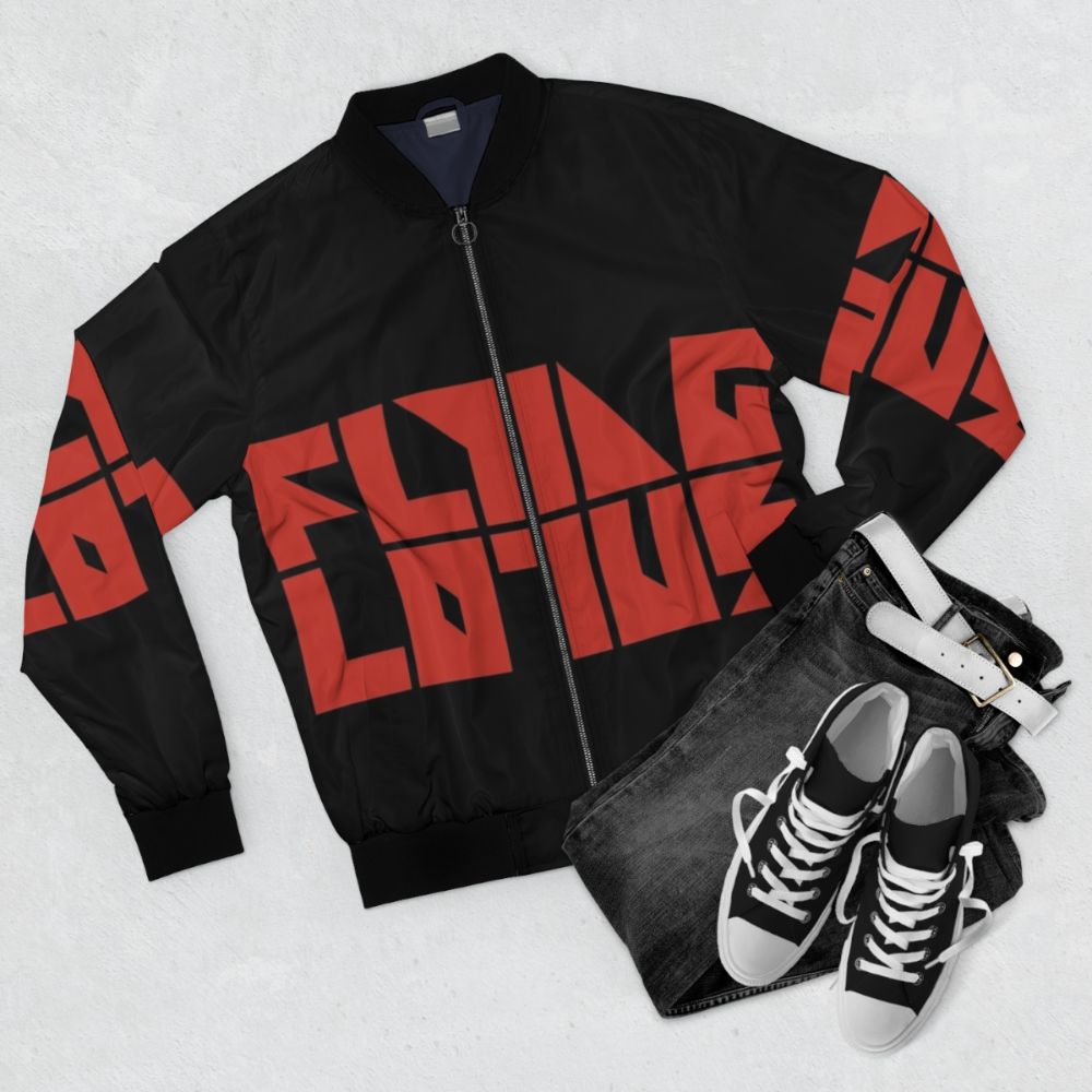 Flying Lotus Red Transparent Bomber Jacket for Electronic Music Fans - Flat lay