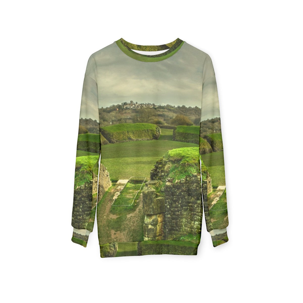 Caerleon Amphitheater Sweatshirt featuring ancient Roman ruins in Wales - hanging