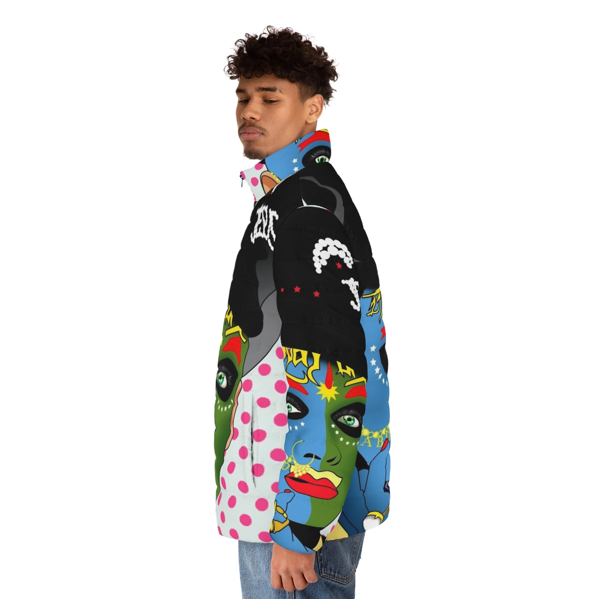 Colorful and whimsical Leigh Bowery puffer jacket, featuring a bold pop art style graphic design - men side left