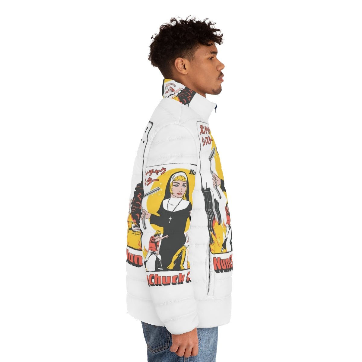 Nunchuck Nun Puffer Jacket - Retro Streetwear Parody - men side right