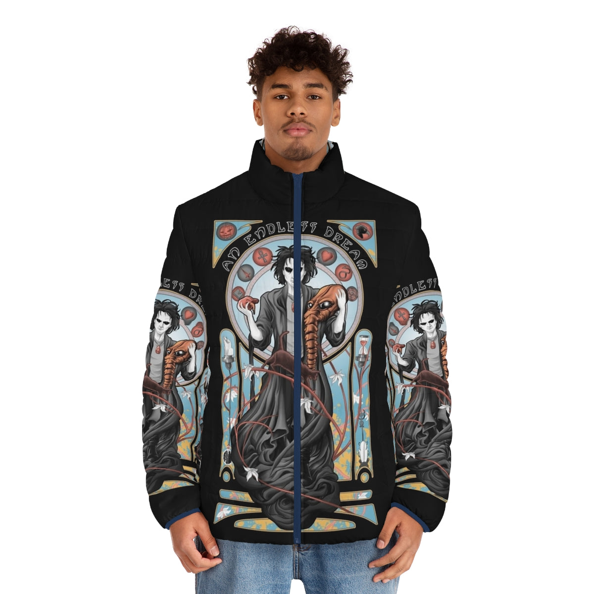 Interlude cosmic puffer jacket with surreal space and nature imagery - men front