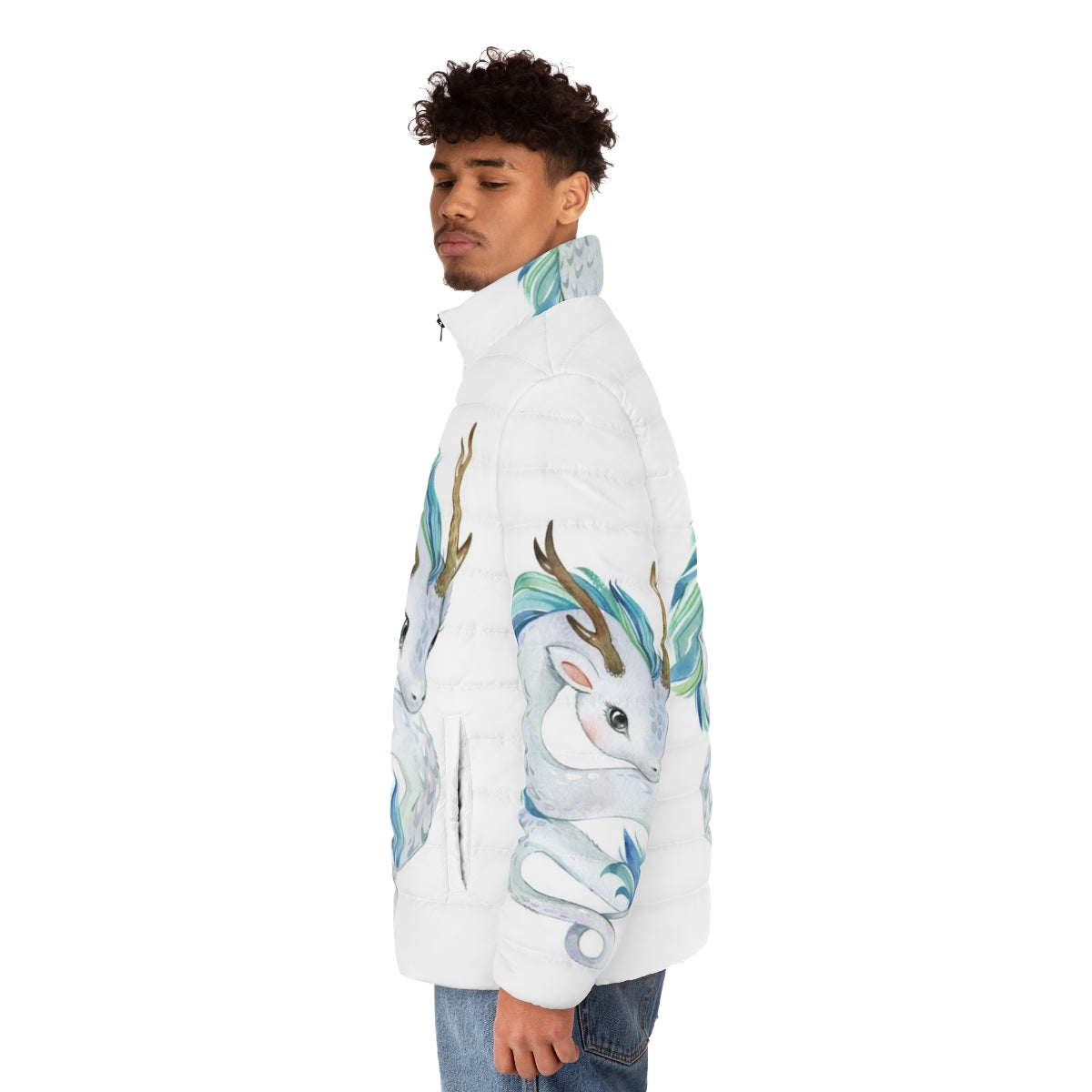 Cozy puffer jacket featuring a cute mythical dragon design - men side left