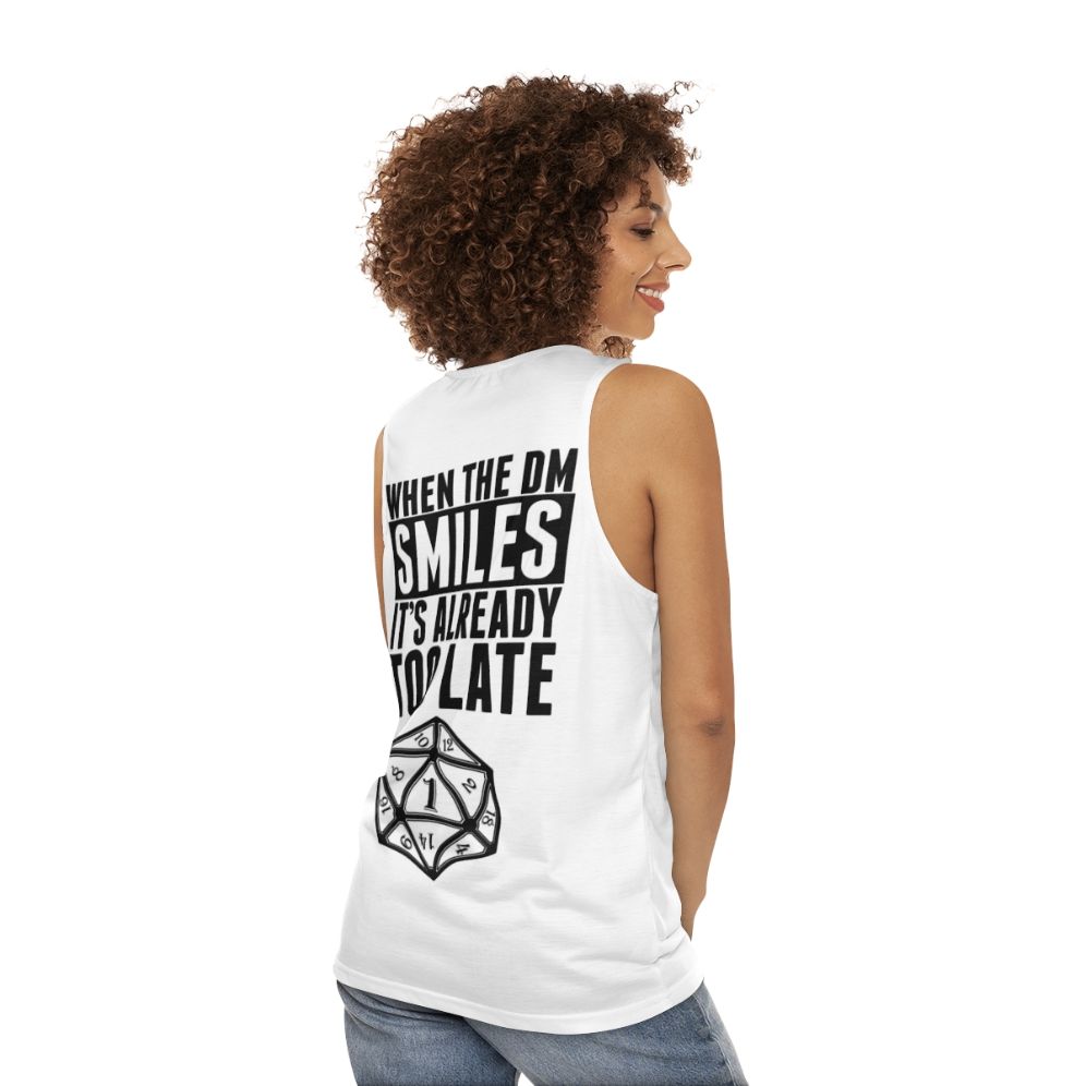 Dungeon master unisex tank top with "When the DM Smiles, It's Already Too Late" text - women back