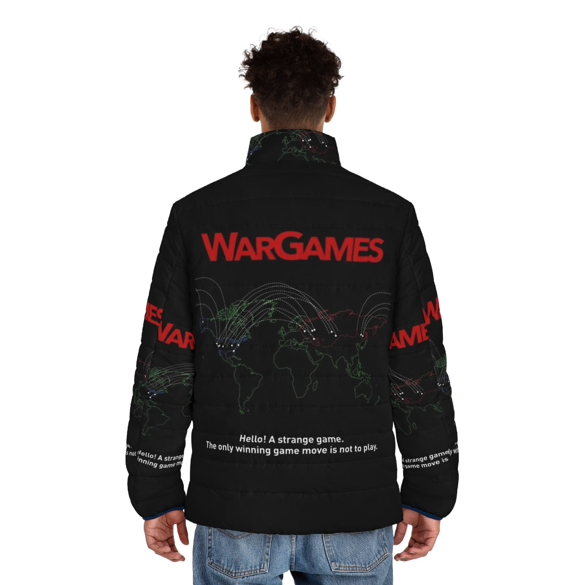 "War Games (1983)" puffer jacket featuring hacker, retro gaming culture design - men back