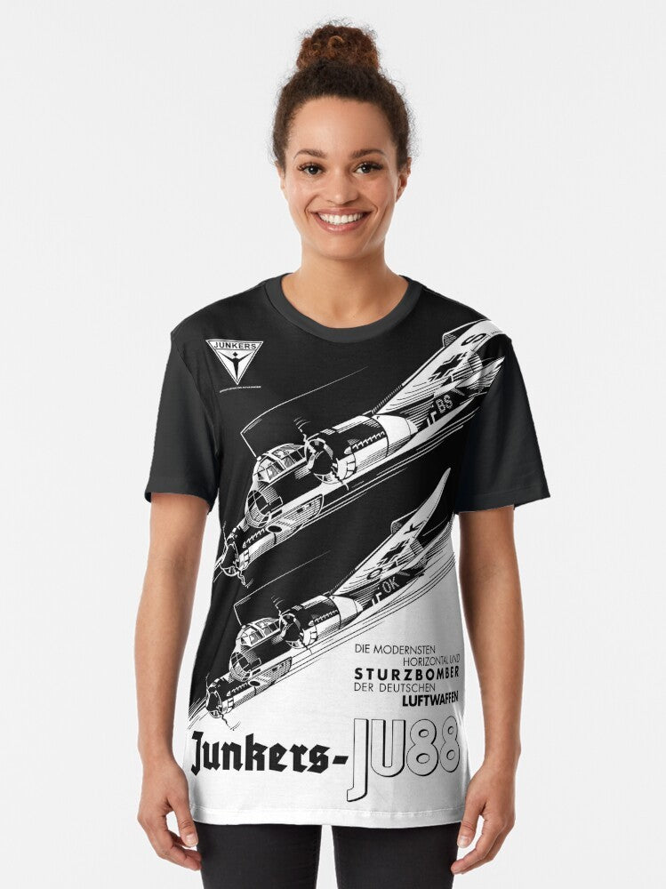 A graphic t-shirt featuring the iconic JU-88 bomber aircraft from World War 2, representing the German air force and military history. - Women