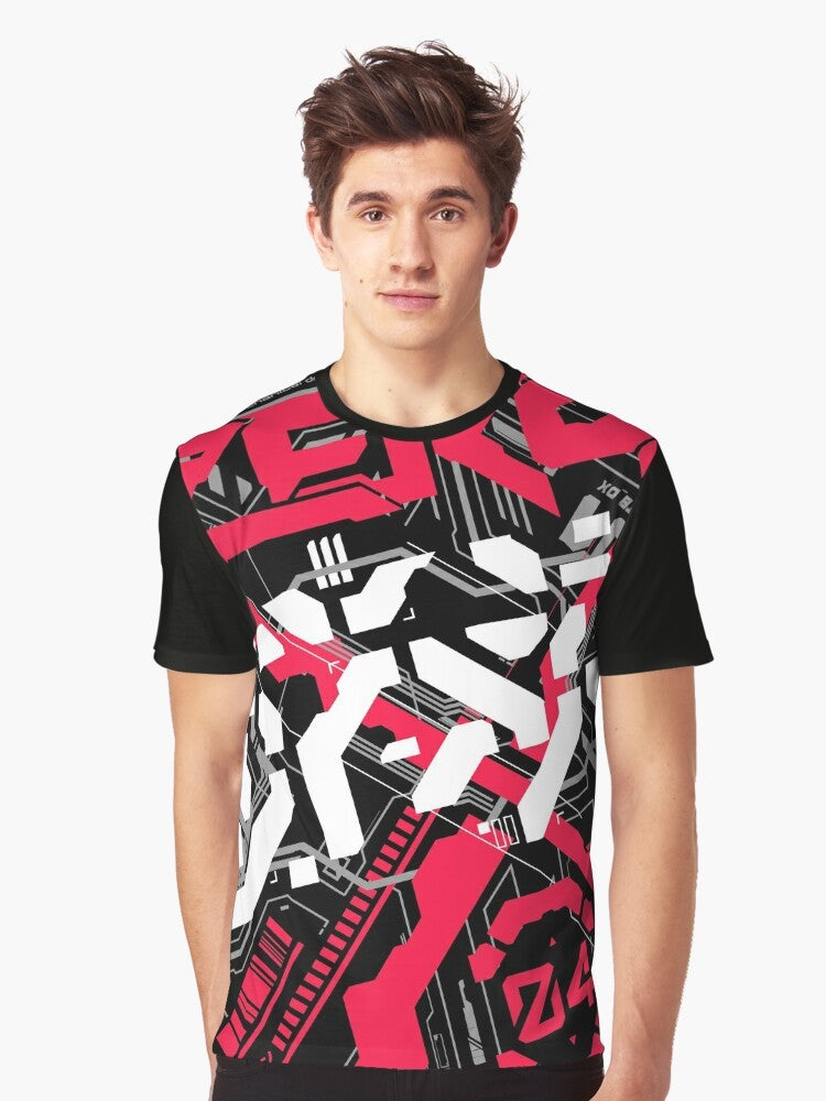 Cyberpunk techwear graphic t-shirt with futuristic mech design and Japanese-inspired elements - Men