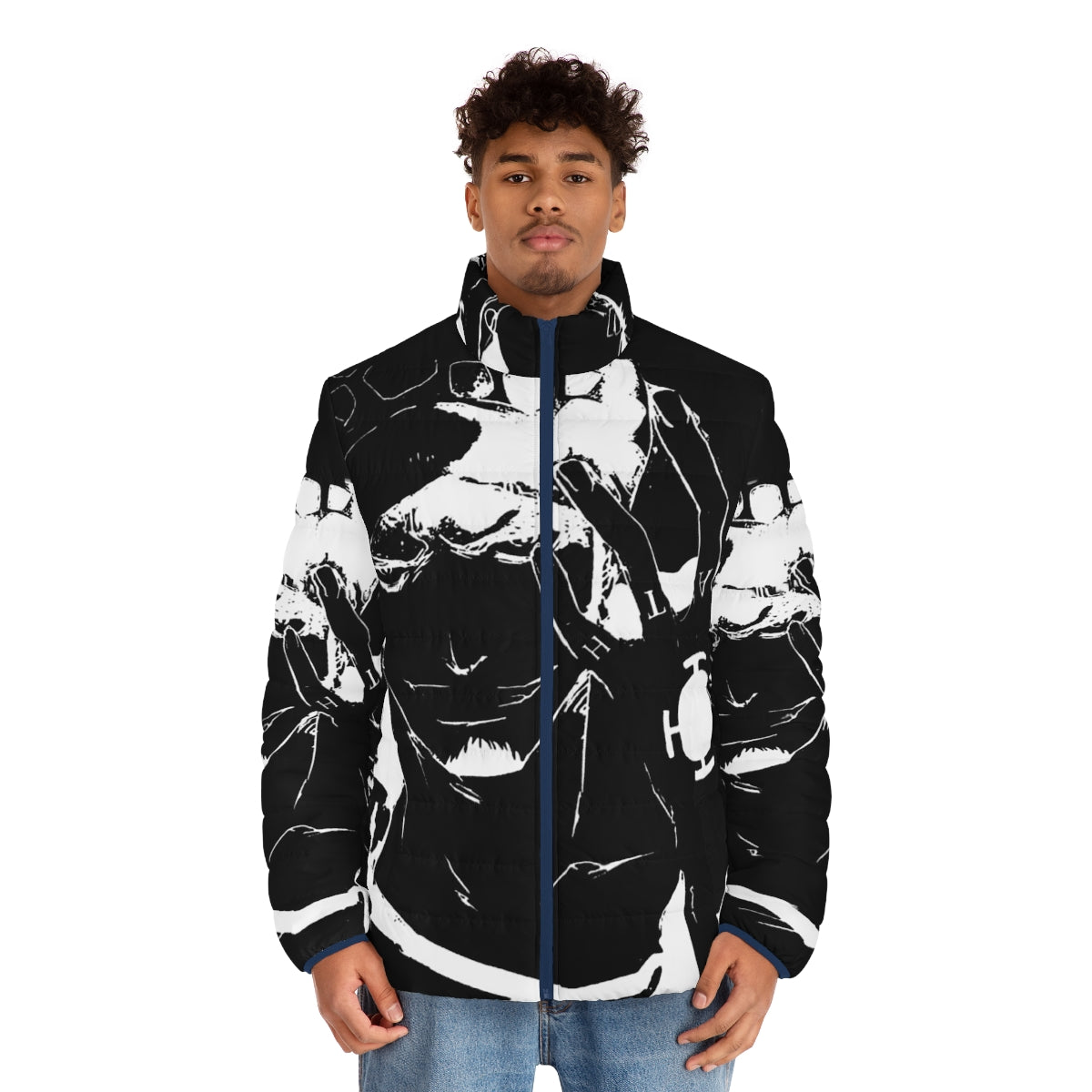 Trafalgar Law Puffer Jacket - One Piece Inspired Monochrome Anime Character Apparel - men front