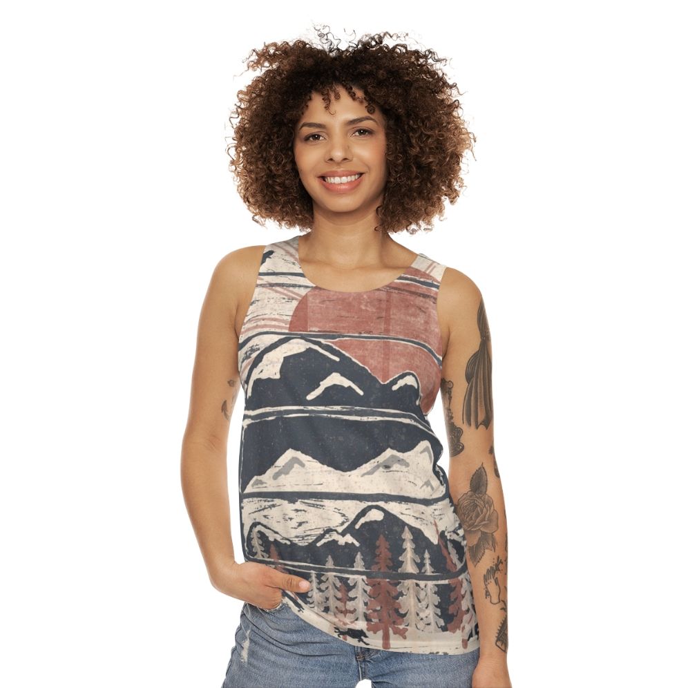 Unisex winter adventure tank top with nature and wildlife graphics - women