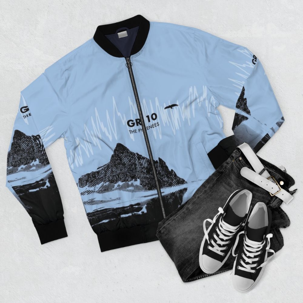 Blue bomber jacket with GR 10 elevation profile design - Flat lay