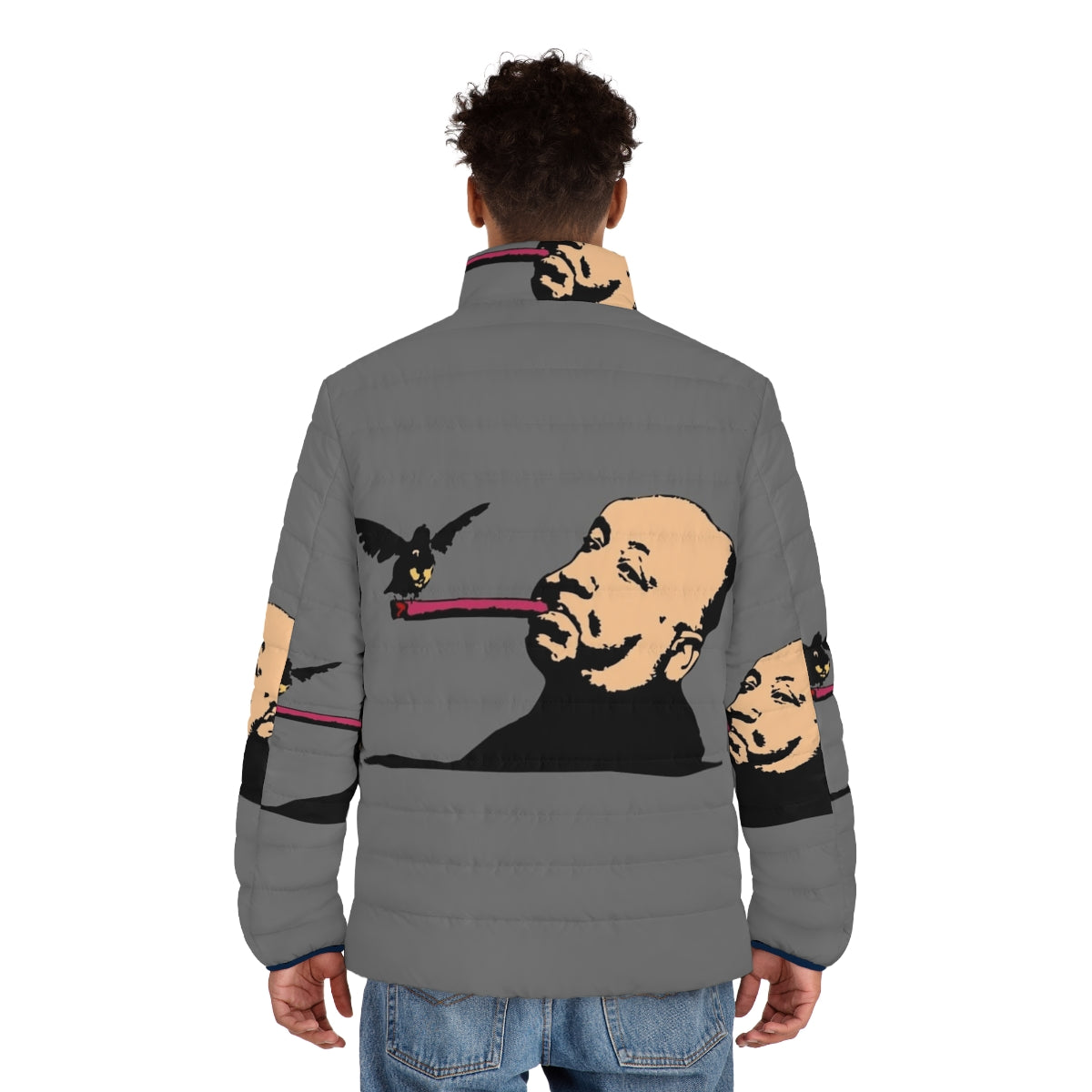 Alfred Hitchcock inspired puffer jacket with bold bird and cigar design - men back