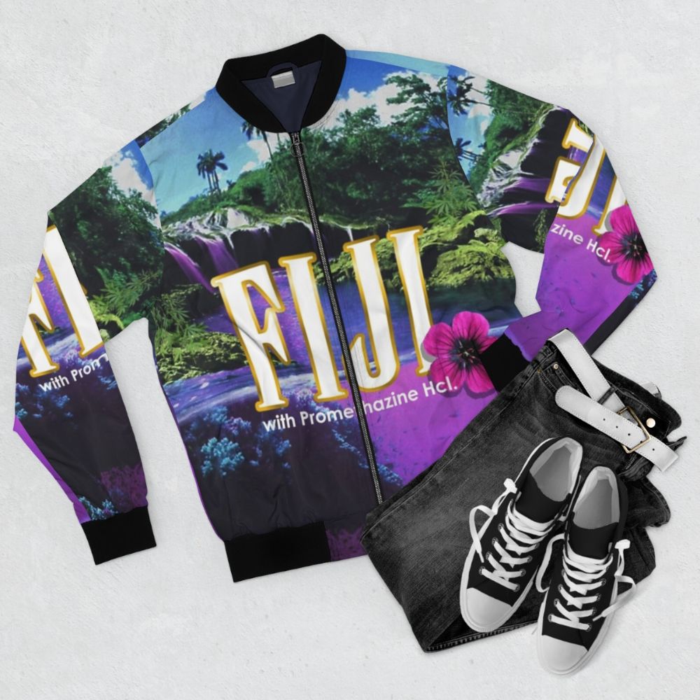 Vaporwave-inspired purple bomber jacket with aesthetic design - Flat lay