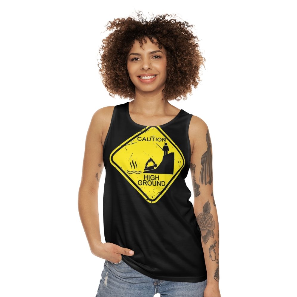 Unisex tank top with 'Caution High Ground' stick figure design - women