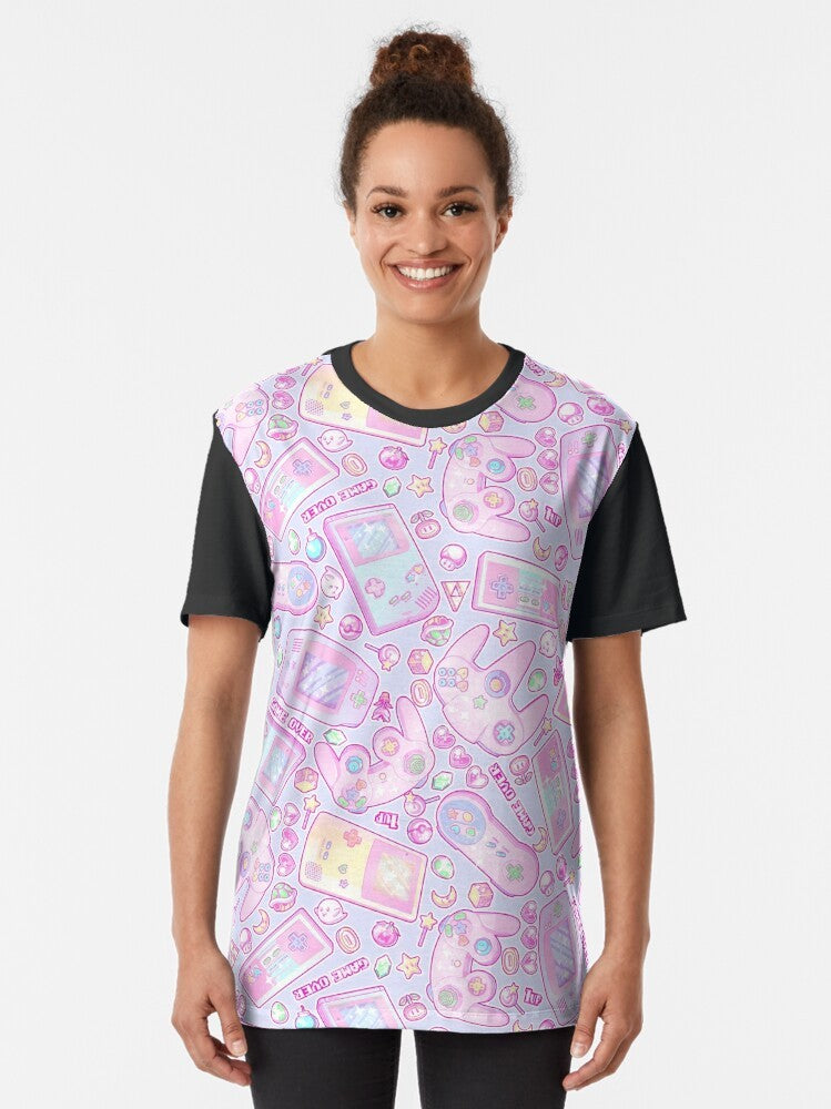 A pastel-colored t-shirt with a graphic design featuring classic Nintendo characters like Mario, Kirby, and Zelda in a cute, aesthetic style. - Women