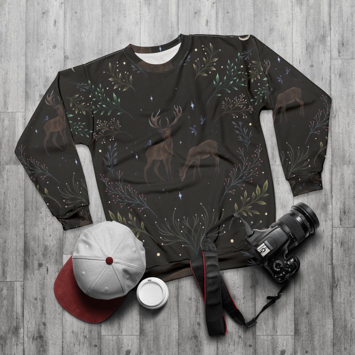 Deer in the Moonlight Sweatshirt - Enchanting Woodland and Winter Design - flat lay