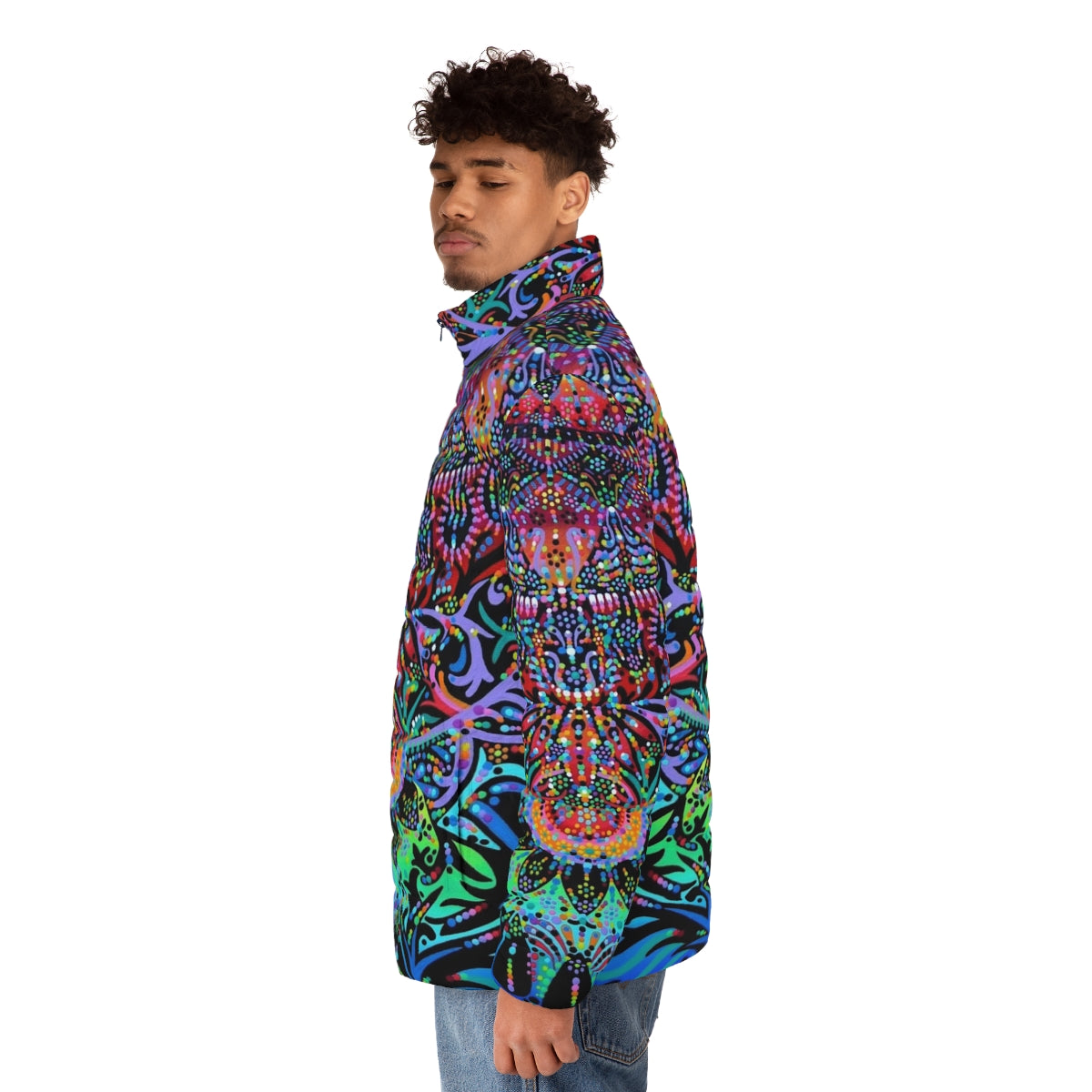 Mandala puffer jacket in vibrant colors - men side left