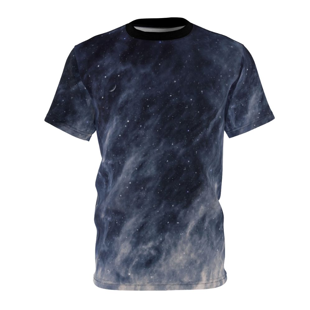 A t-shirt featuring a surreal, moody blue sky with clouds and a crescent moon.