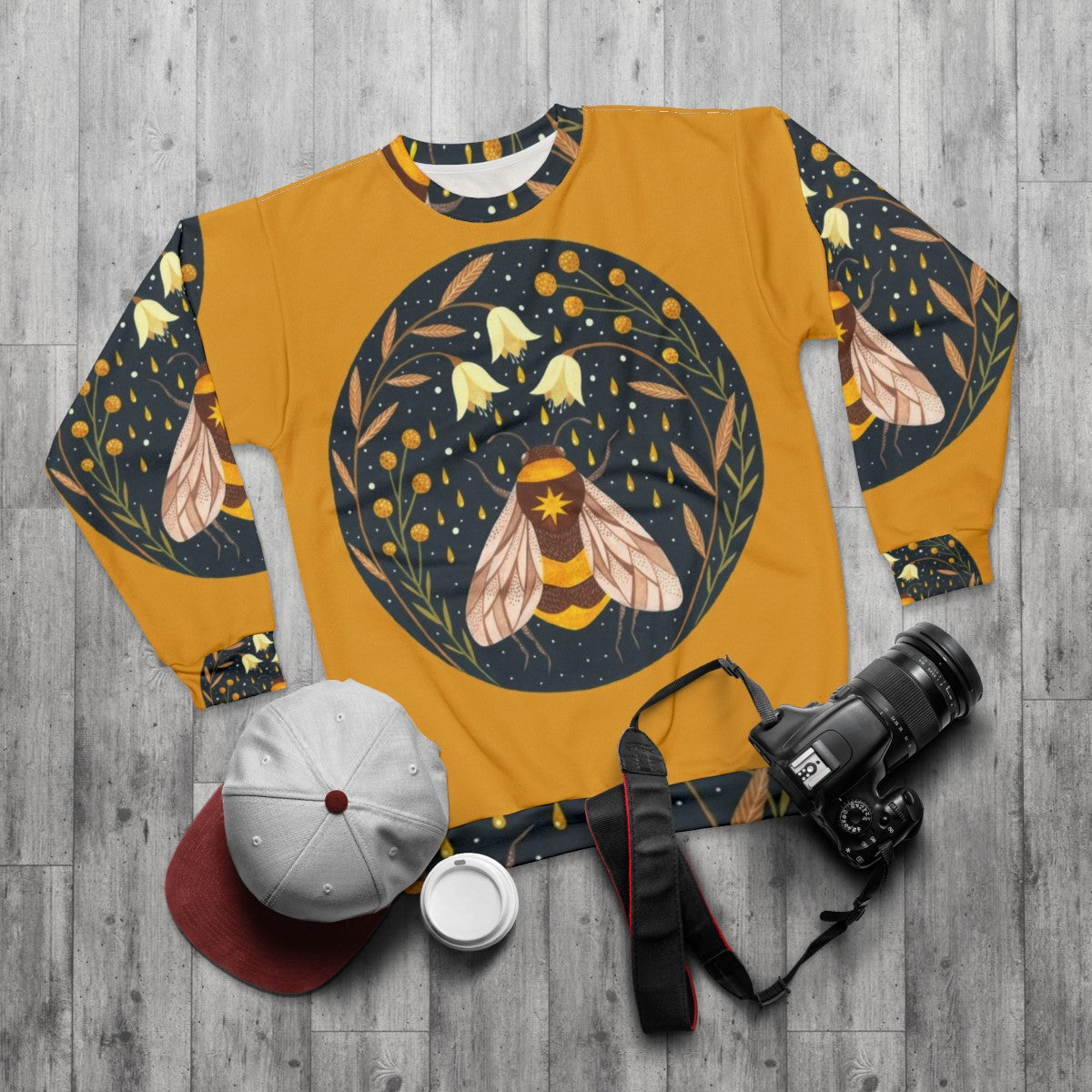 Gold Harvest Beekeeper Sweatshirt with Floral Motif - flat lay