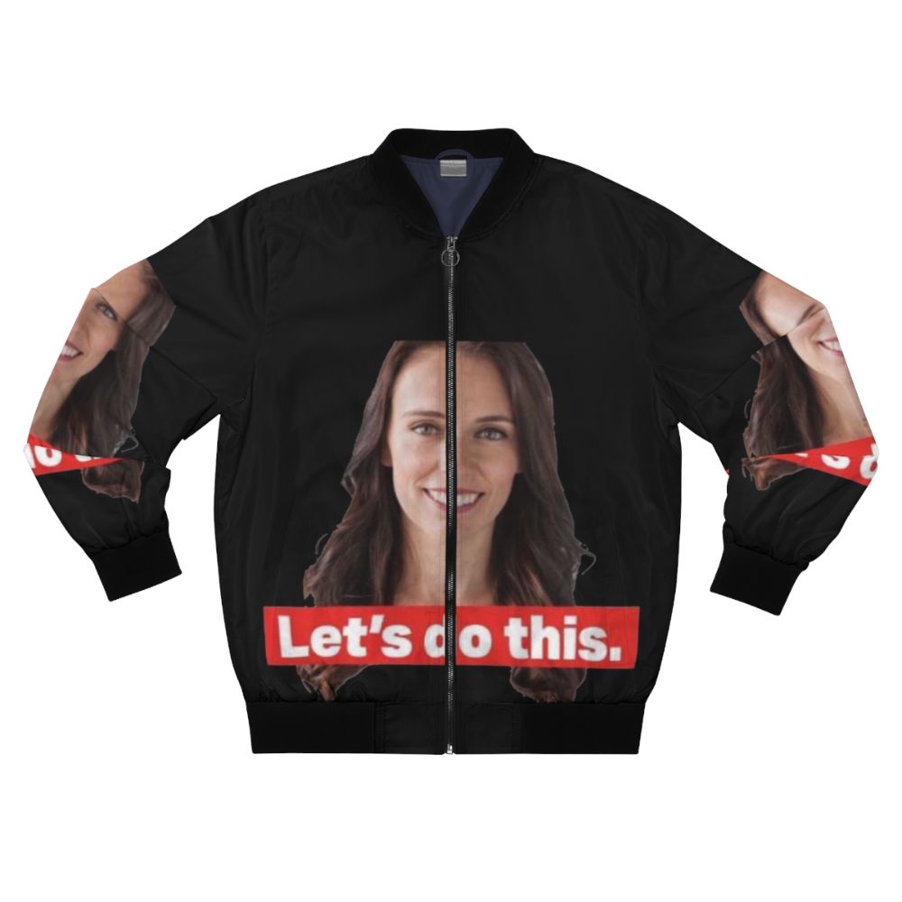 Jacinda Ardern, the Prime Minister of New Zealand, wearing a bomber jacket