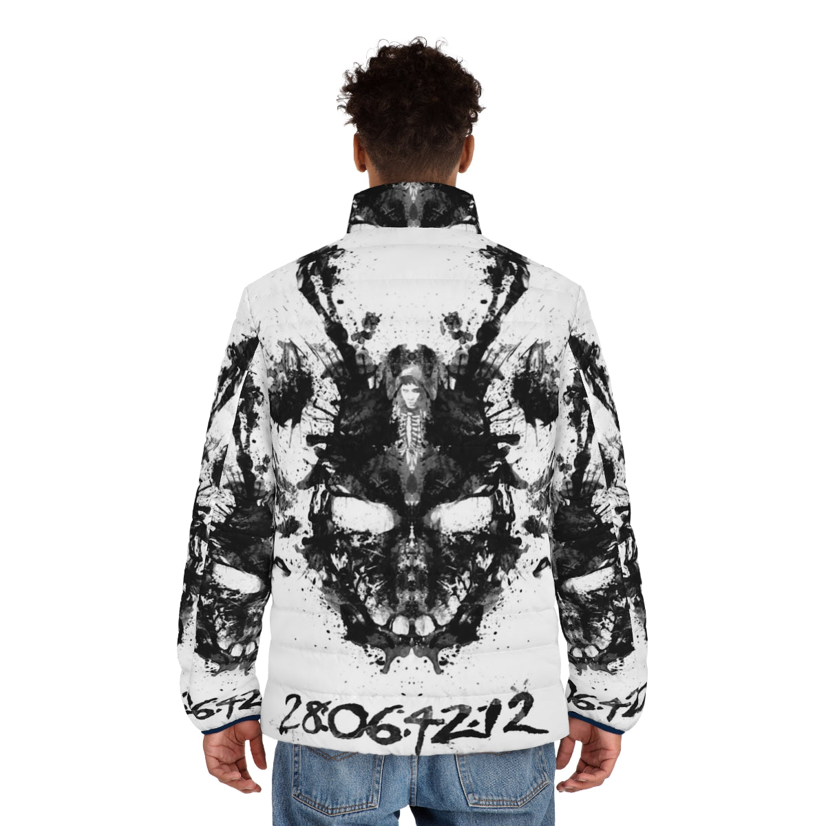 Donnie Darko inspired inkblot puffer jacket with a vintage, retro graphic design - men back