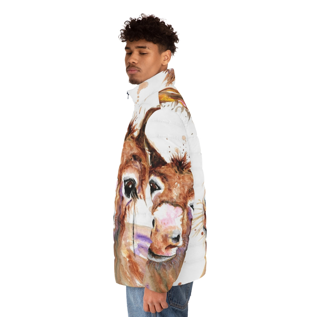 Cute donkey face puffer jacket with a whimsical animal portrait design - men side left