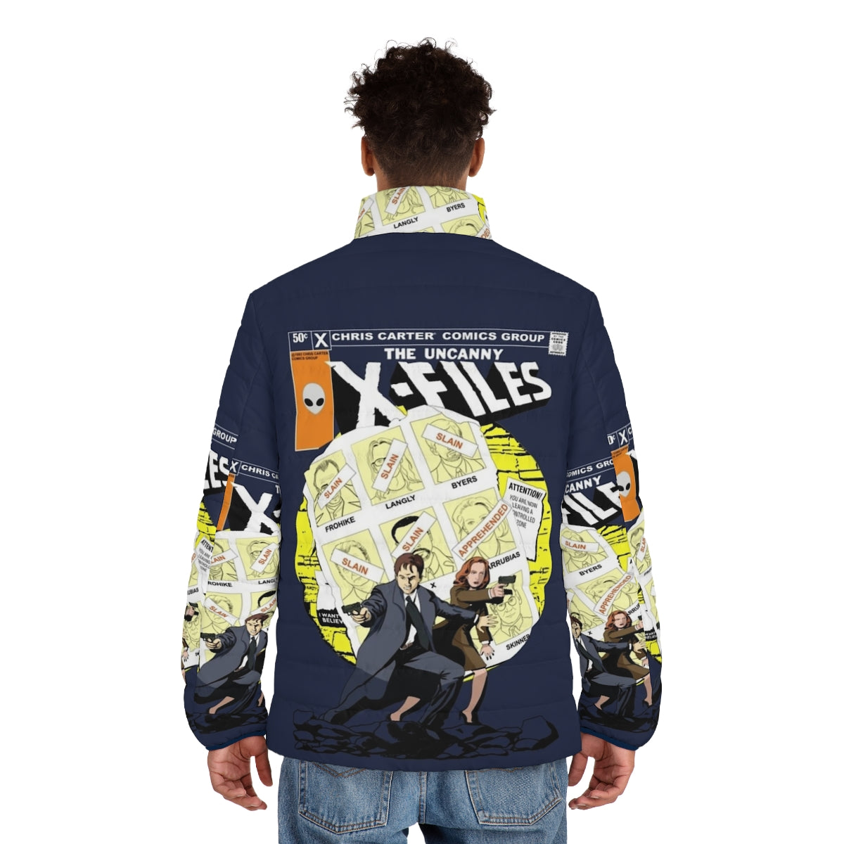 A puffer jacket featuring the iconic characters from The X-Files and X-Men - men back