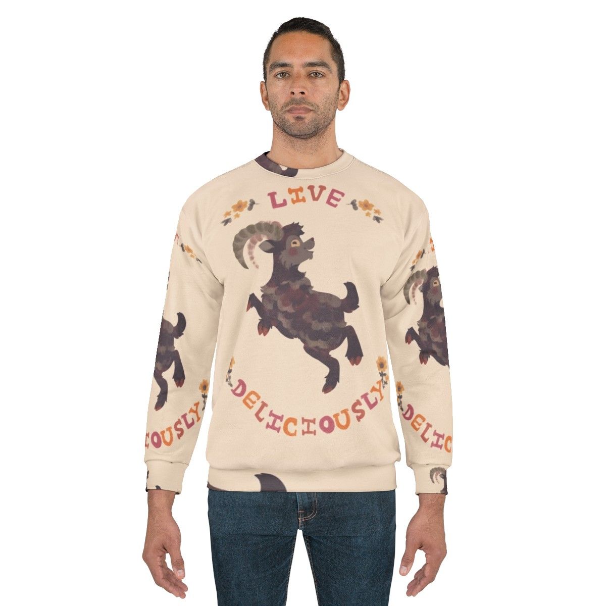 Live Deliciously Sweatshirt with Witch, Horror, and Halloween Imagery - men