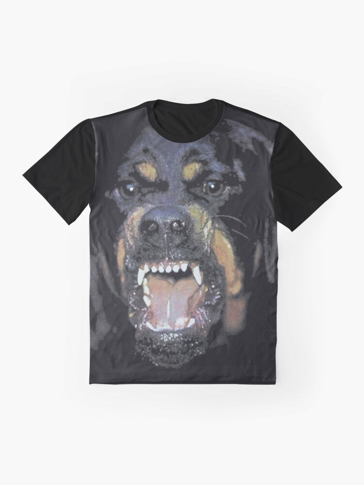 Man wearing a black t-shirt with a large rottweiler graphic design - Flat lay