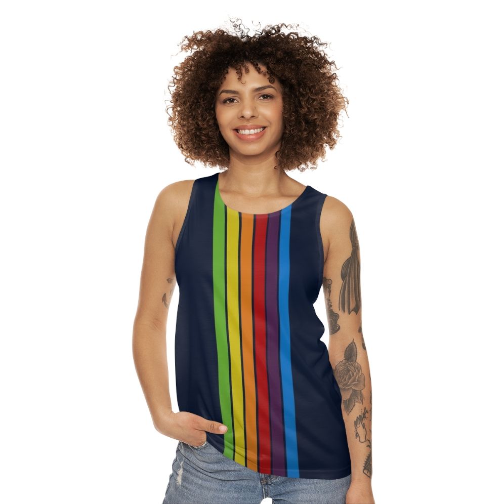 Unisex tank top in pacific blue with a minimalist retro design - women