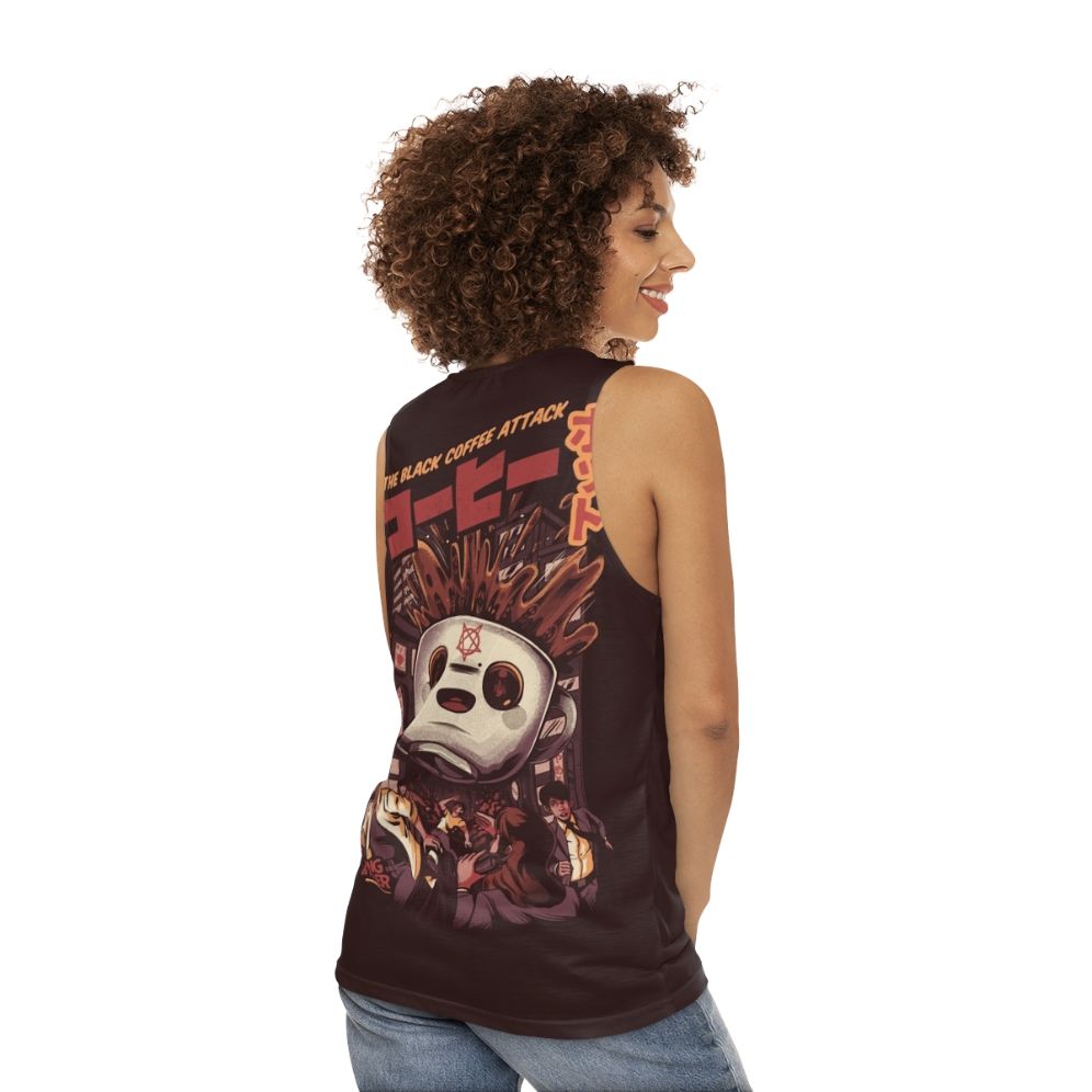 Black Magic Coffee Unisex Tank Top with Retro Japanese-Style Kaiju Monster Graphic - women back