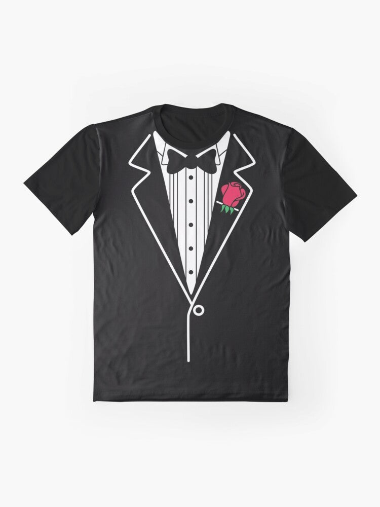 Tuxedo graphic t-shirt with a rose design, a formal and funny men's fashion item - Flat lay