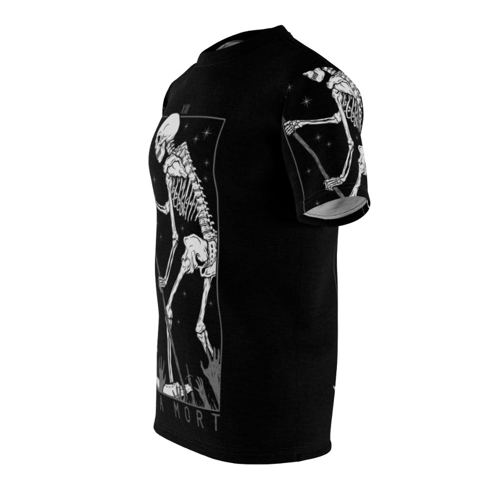 Mysterious occult t-shirt design featuring tarot cards, skull, and gothic imagery - men left