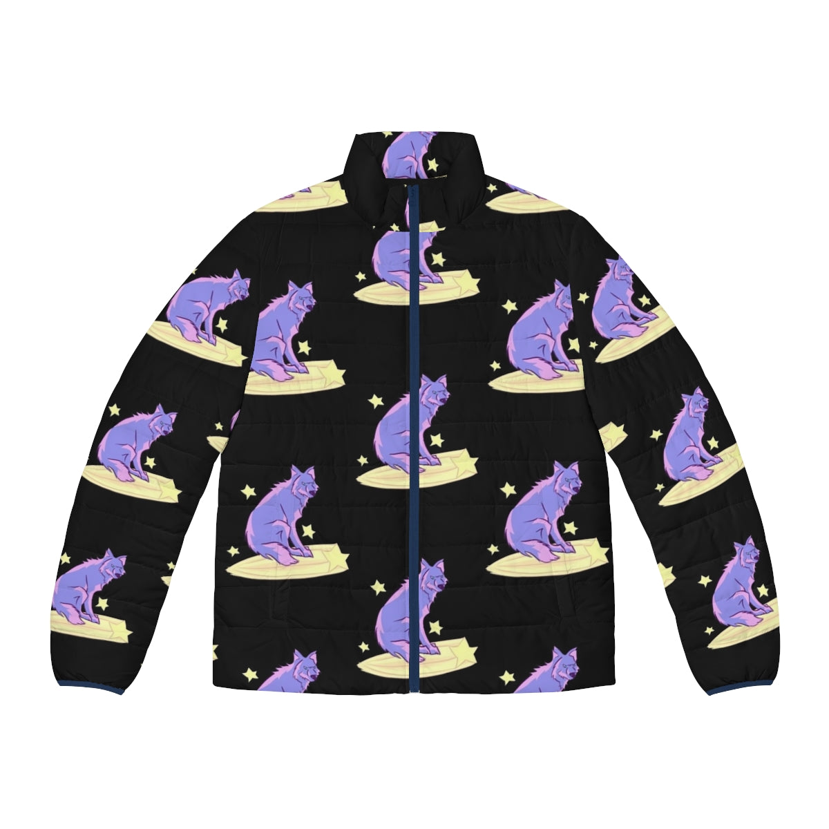 A puffer jacket featuring a majestic celestial wolf design against a night sky of stars