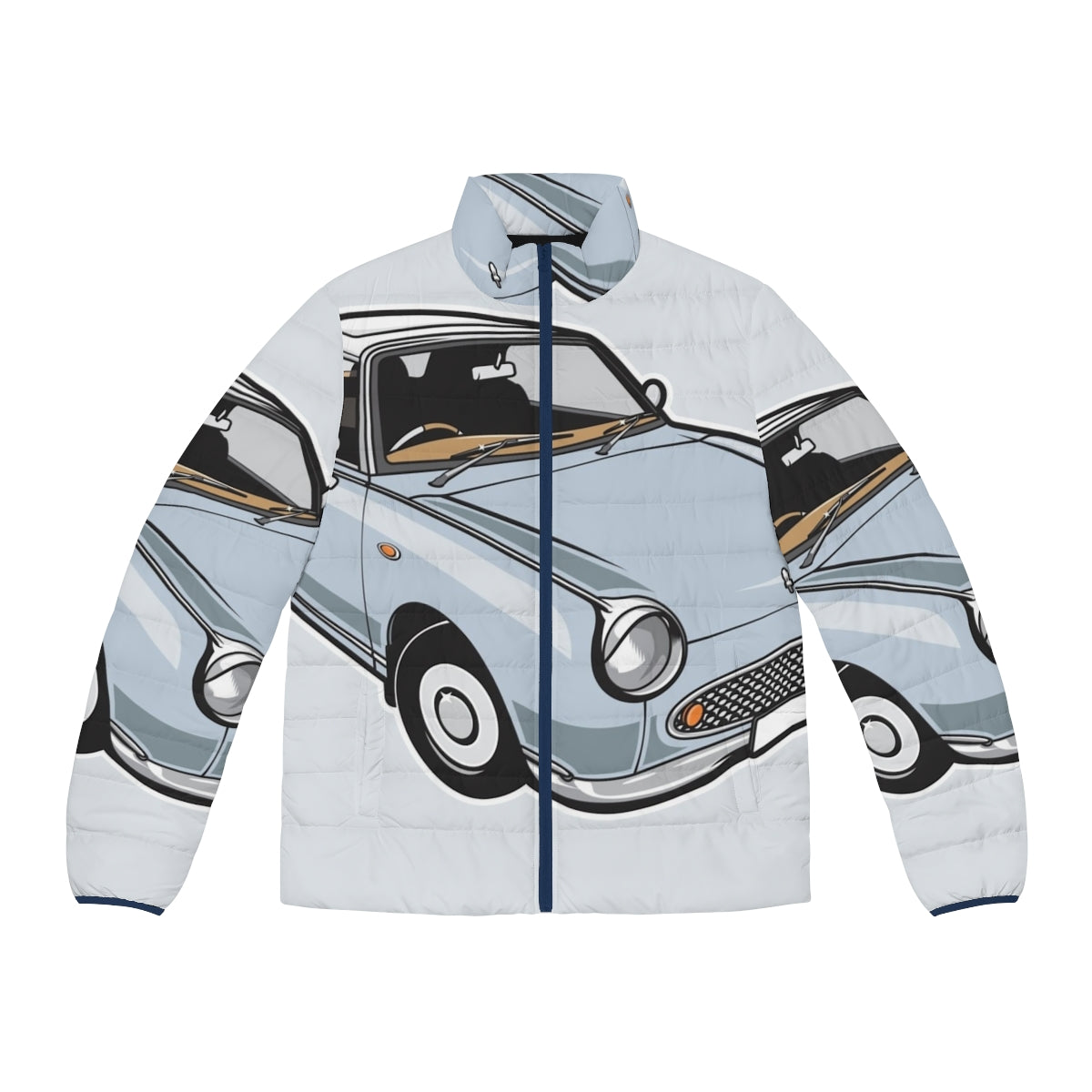 Pale aqua puffer jacket with Nissan Figaro car-inspired design