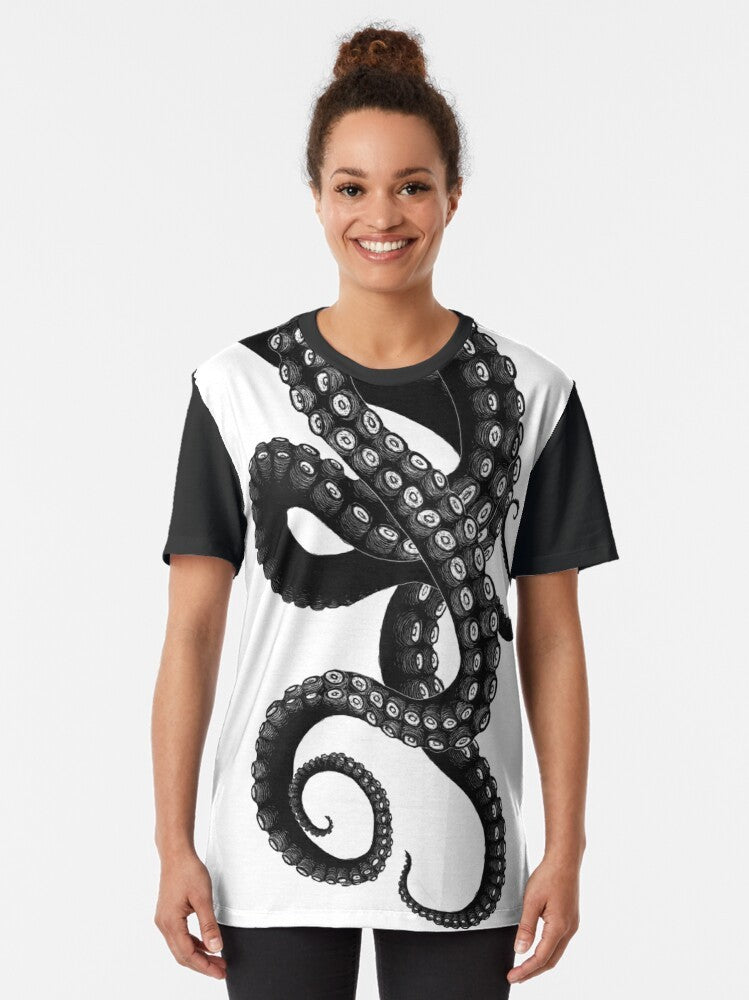 Graphic t-shirt design featuring a Kraken, a mythical sea creature with tentacles - Women