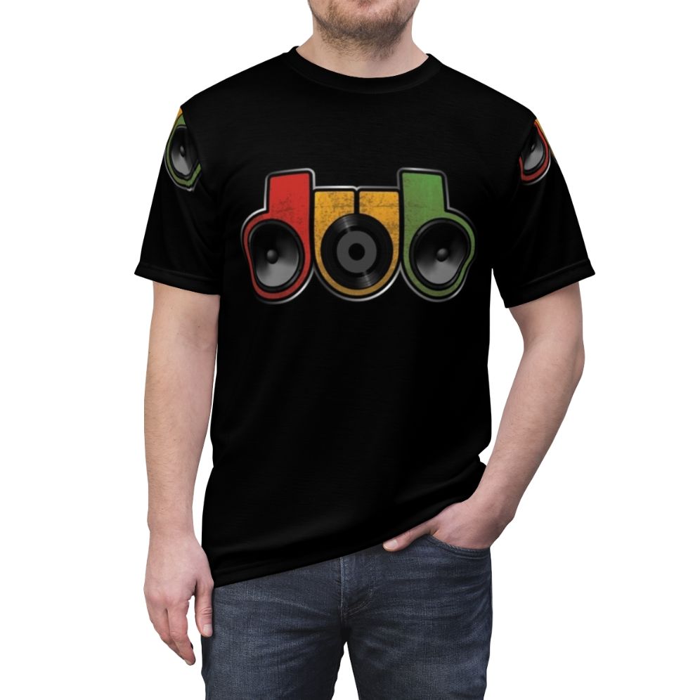 Dub music lover wearing a t-shirt with a vintage vinyl speaker and dub/reggae-inspired design - men front