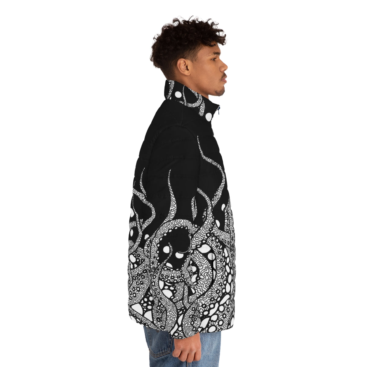 Tentacles Puffer Jacket with minimalist octopus line art design - men side right