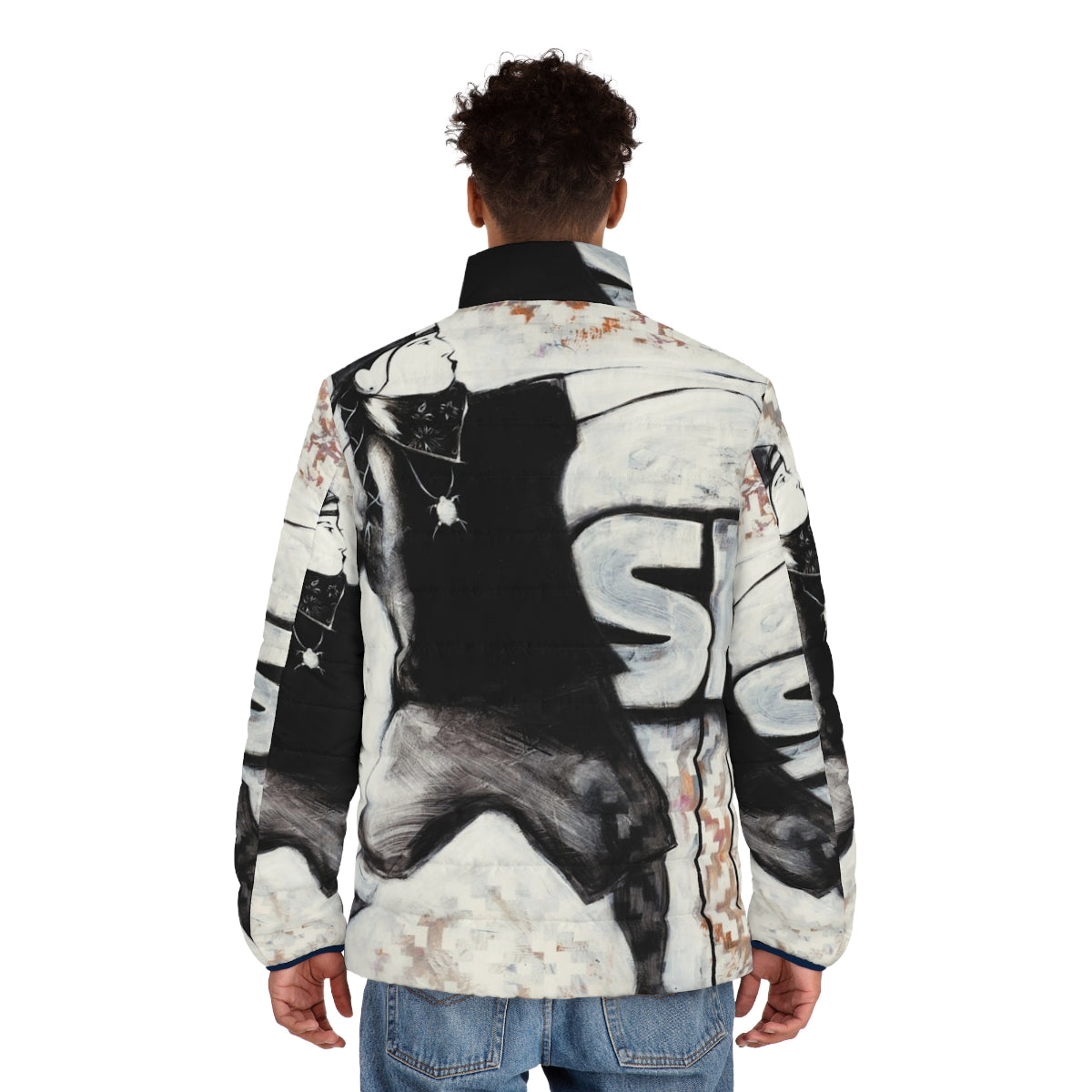 Skoden Puffer Jacket with Native American inspired Grafitti Design - men back