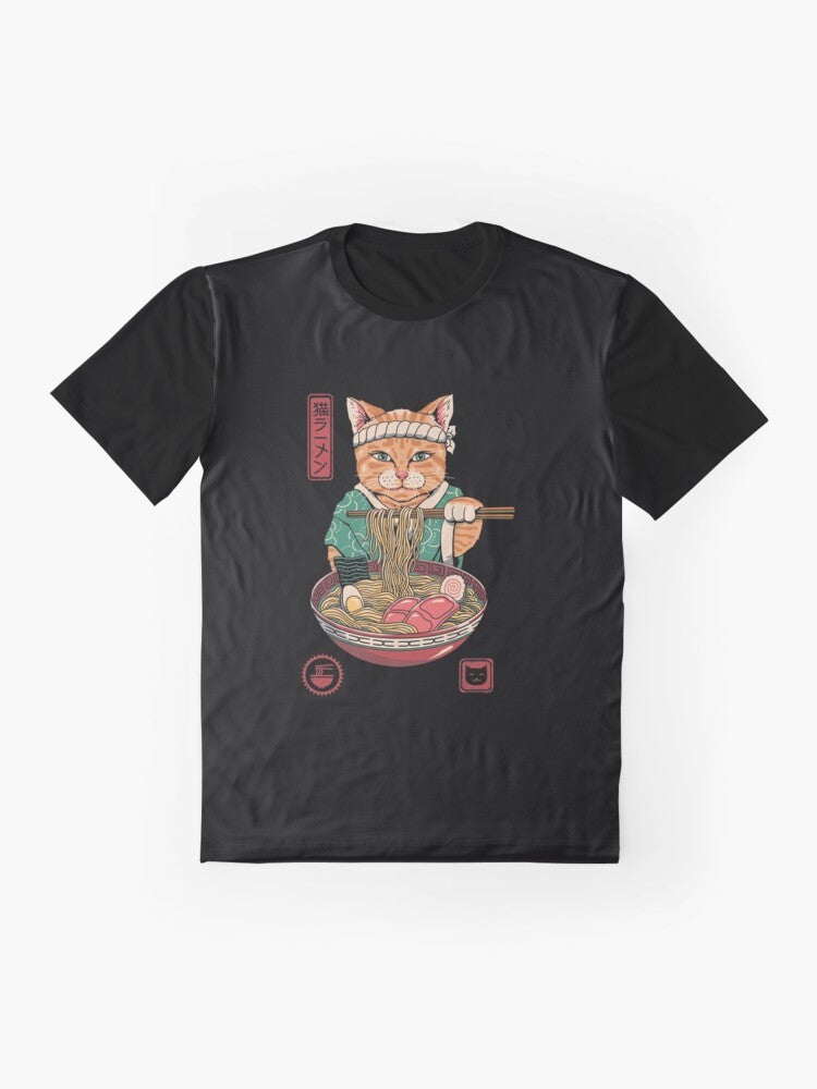 Neko Ramen Graphic T-Shirt featuring a cute cat and a ramen bowl with Japanese-inspired design - Flat lay