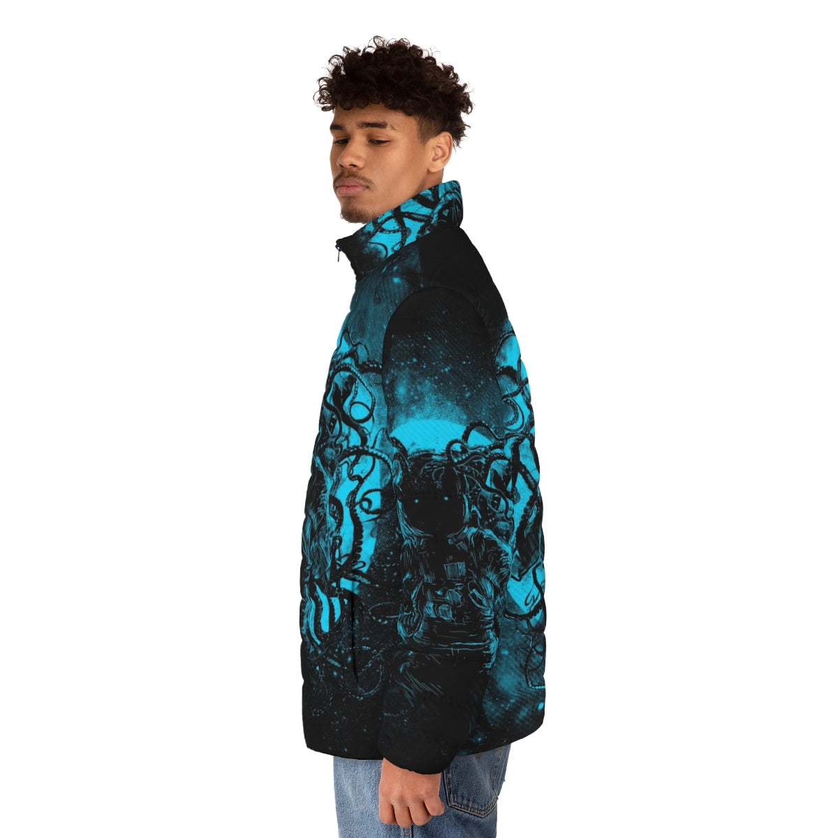 Puffer jacket with cosmic horror design, featuring Cthulhu-inspired tentacles and deep space elements - men side left