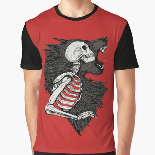 Graphic t-shirt featuring a werewolf, wolf, and skeleton design in a spooky Halloween style.