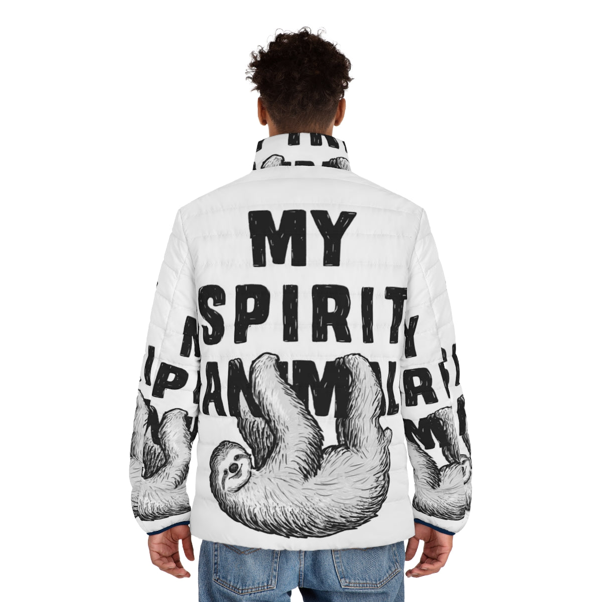 Sloth My Spirit Animal Puffer Jacket featuring witty and funny text - men back