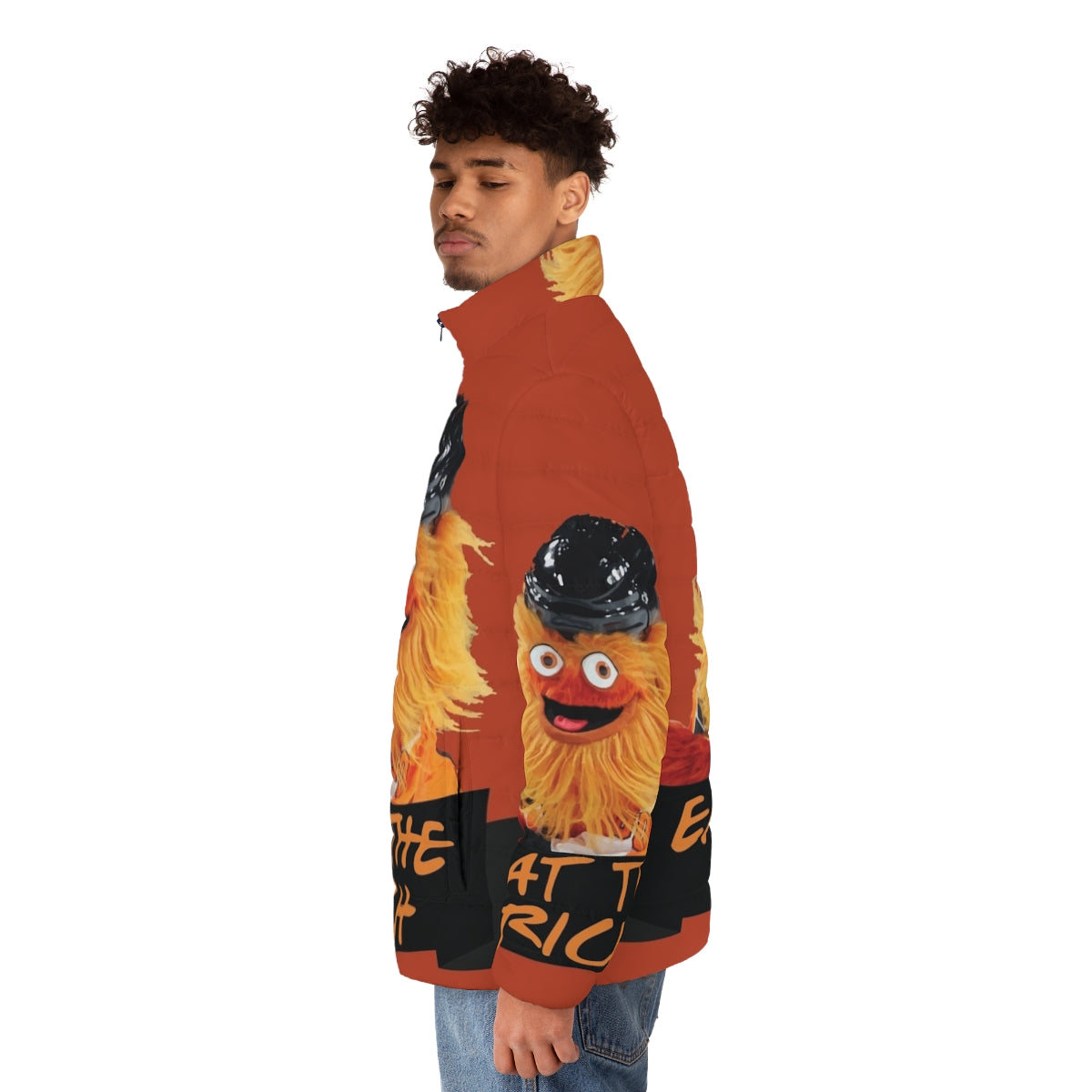 Gritty "Eat The Rich" puffer jacket featuring the Philadelphia Flyers mascot in a humorous, creepy, and unique design - men side left